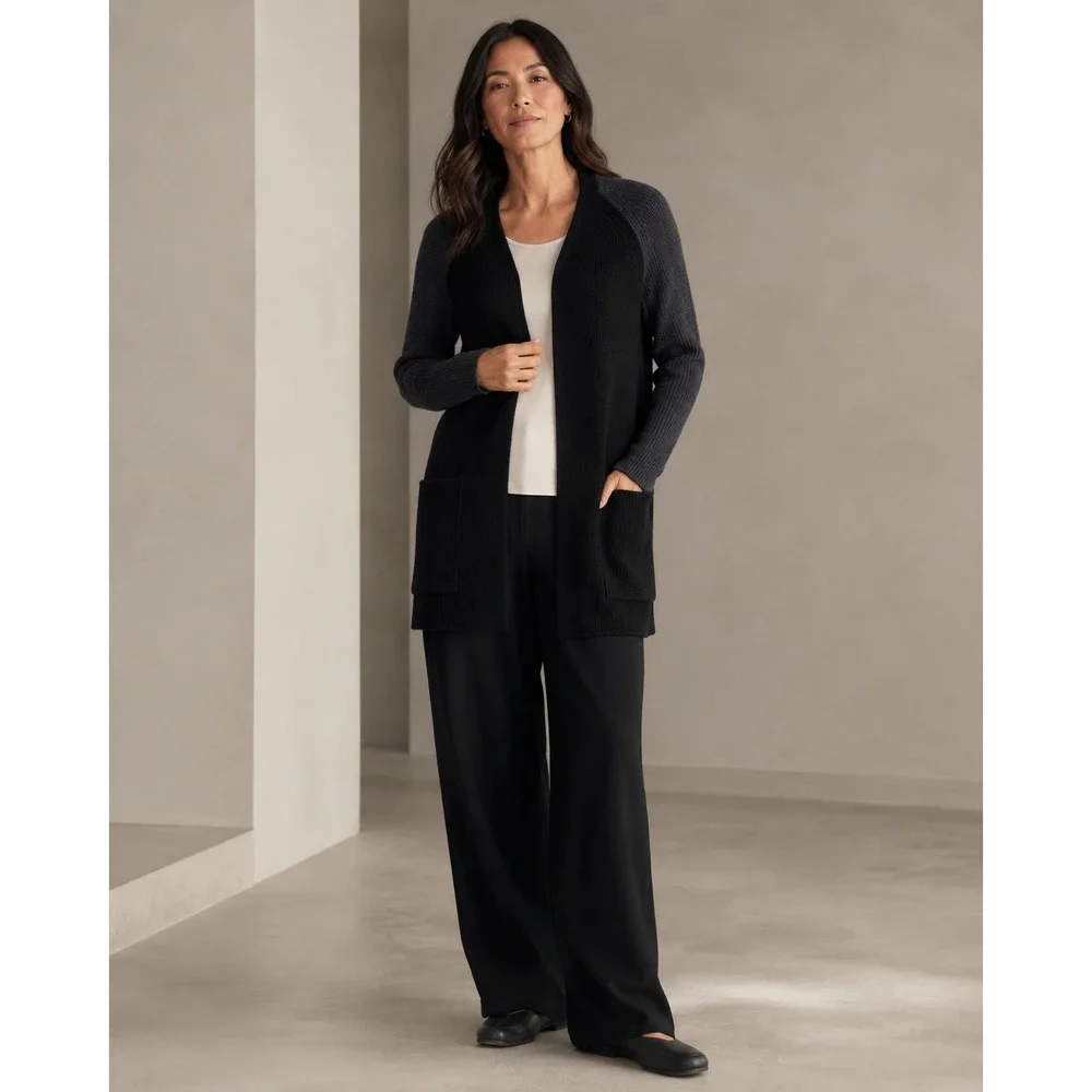 Eileen Fisher Raglan Cardigan Sweater Black Charcoal Merino Wool Women Sz XXS